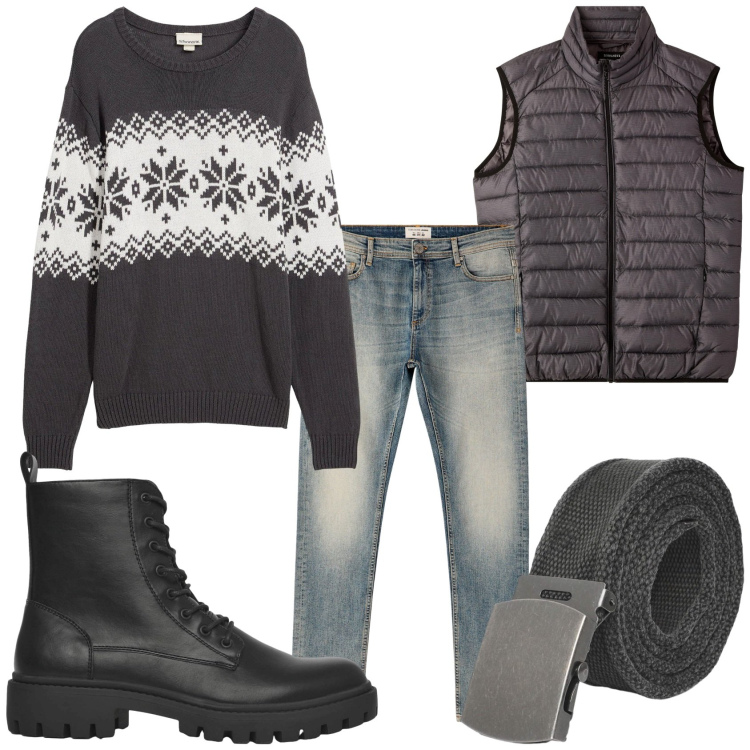 Outfit uomo - La sera di Natale. Stile Urban per Tutti i giorni. Abbinamento con maglieria, anfibi, cinture, jeans skinny, piumini.