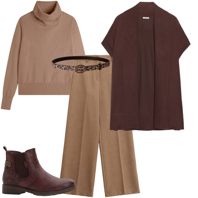 Outfit donna - Mocha mousse. Stile Casual chic per Tutti i giorni. Abbinamento con stivaletti chelsea, cinture, pantaloni, maglieria, cardigans.