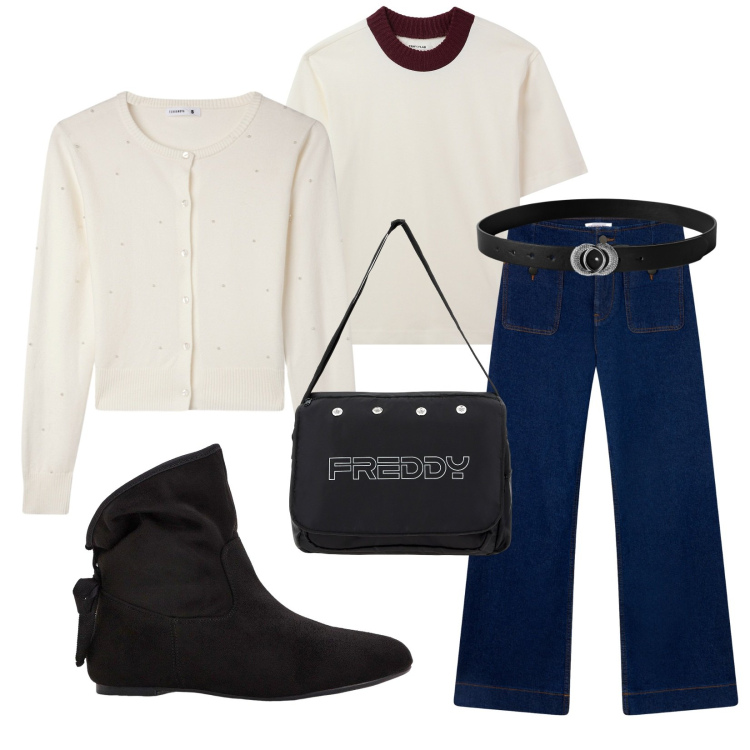 Outfit donna - Total look #2267068. Stile Casual per Tutti i giorni. Abbinamento con stivaletti, cardigans, t-shirt, cinture, jeans, borse messenger.