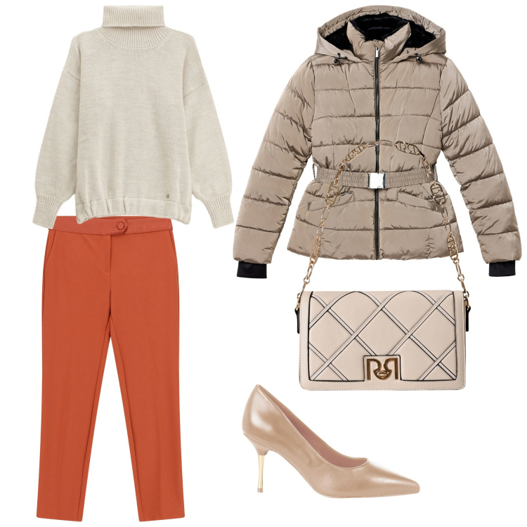 Outfit donna - Autunno di giorno e di sera. Stile Casual chic per Ufficio. Abbinamento con piumini, maglieria, décolleté, borse a tracolla, pantaloni.