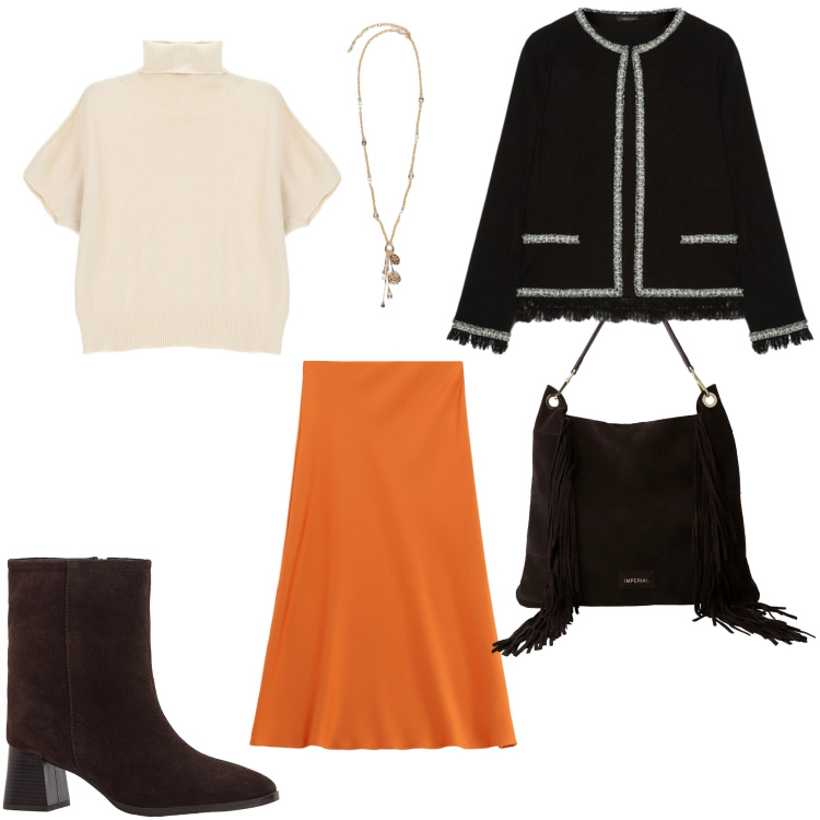 Outfit donna - Serata per una Pizza. Stile Casual chic per Serata fuori. Abbinamento con stivaletti, maglieria, gonne longuette, borse a spalla, cardigans, ciondoli.