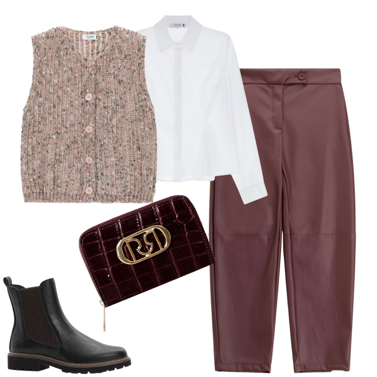 Outfit donna - City. Stile Trendy per Tutti i giorni. Abbinamento con stivaletti chelsea, gilet, camicie, portafogli, pantaloni.