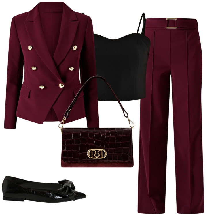 Outfit donna - Elegante. Stile Chic per Tutti i giorni. Abbinamento con blazer, top, pantaloni, ballerine, borse a mano.