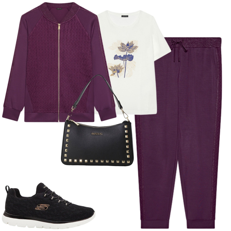 Outfit donna - Sportiva. Stile Casual per Tutti i giorni. Abbinamento con sneakers, pochette, t-shirt, pantaloni, felpe.