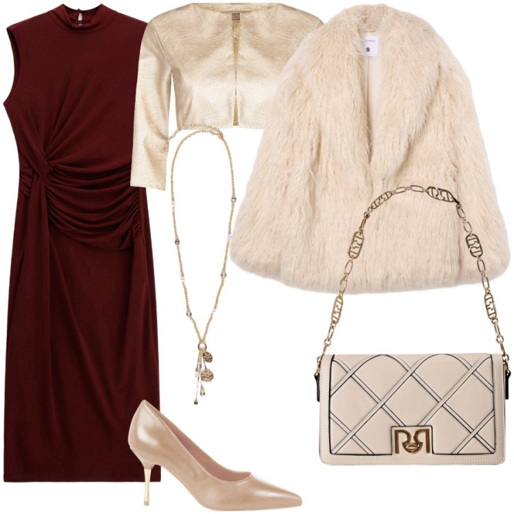 Outfit donna - Per un evento invernale. Stile Chic per Serata fuori. Abbinamento con ecopellicce, bolero, décolleté, borse a tracolla, vestiti midi/longuette, ciondoli.