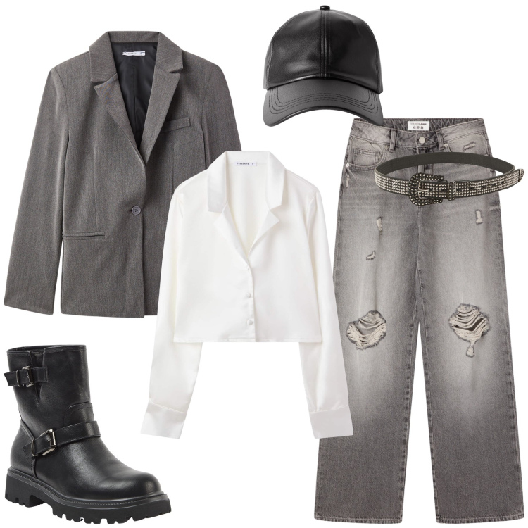 Outfit donna - Col berretto in pelle. Stile Urban per Tutti i giorni. Abbinamento con stivaletti, blazer, camicie, cinture, cappelli con visiera, jeans strappati.