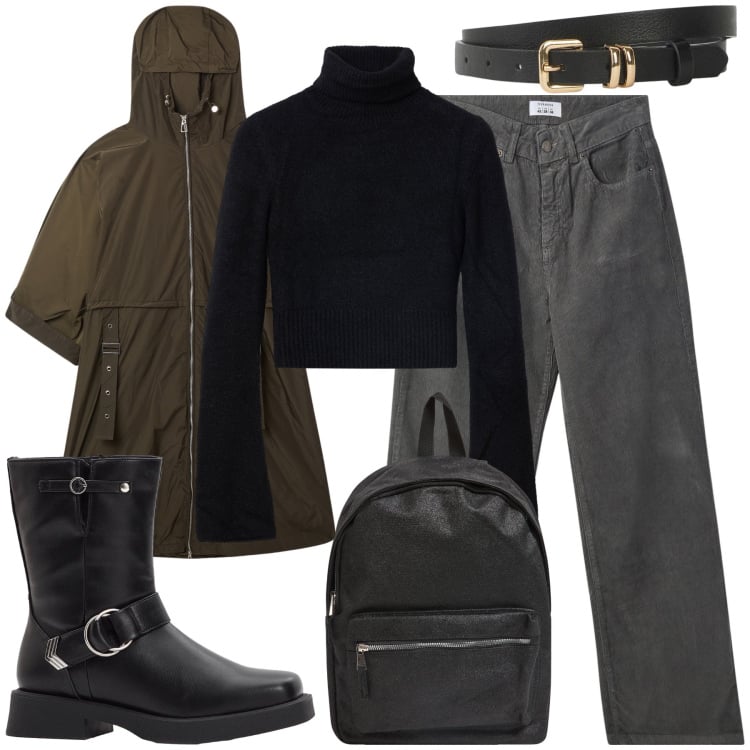 Outfit donna - Un militare d\'eccezione. Stile Urban per Scuola/Università. Abbinamento con cinture, stivaletti, trench, zaini, maglieria, pantaloni.