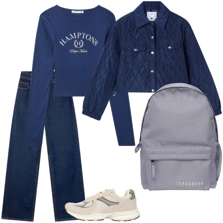 Outfit donna - Esami. Stile Casual per Scuola/Università. Abbinamento con t-shirt, zaini, jeans, sneakers, giacche.