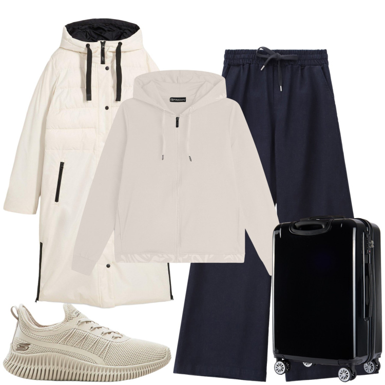 Outfit donna - Ci facciamo un viaggetto?. Stile Sporty chic per Tutti i giorni. Abbinamento con piumini, sneakers, jeans, felpe con cappuccio, valigie.