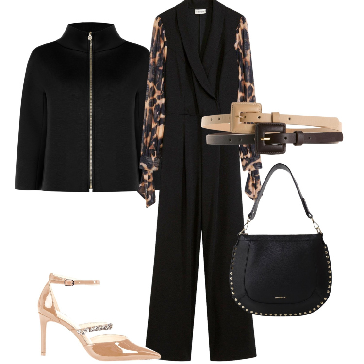 Outfit donna - Una elegante tuta. Stile Glamour per Serata fuori. Abbinamento con tute, cinture, cappe, décolleté, borse a spalla.