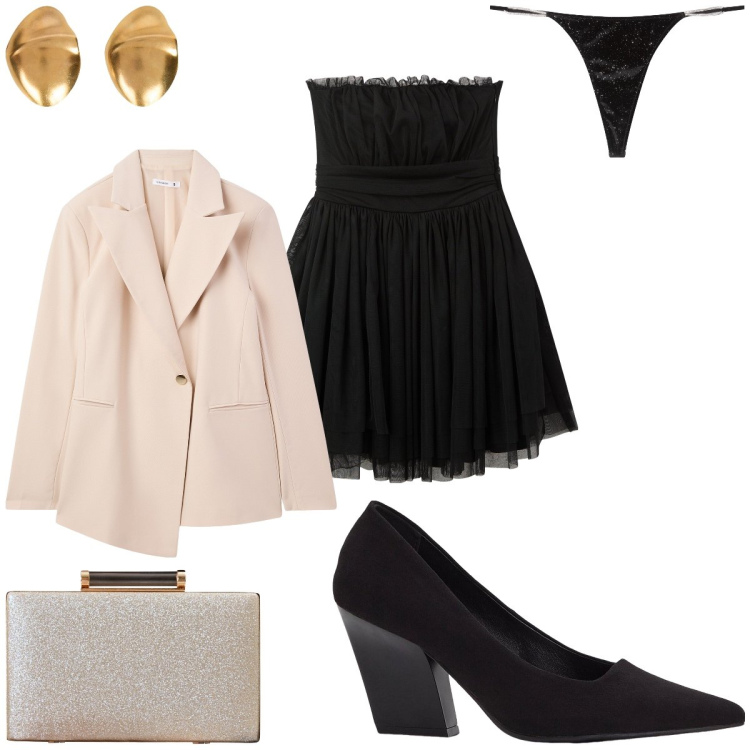 Outfit donna - Ricevimento. Stile Chic per Cerimonia. Abbinamento con décolleté, clutch, vestiti corti, blazer, perizomi, orecchini.