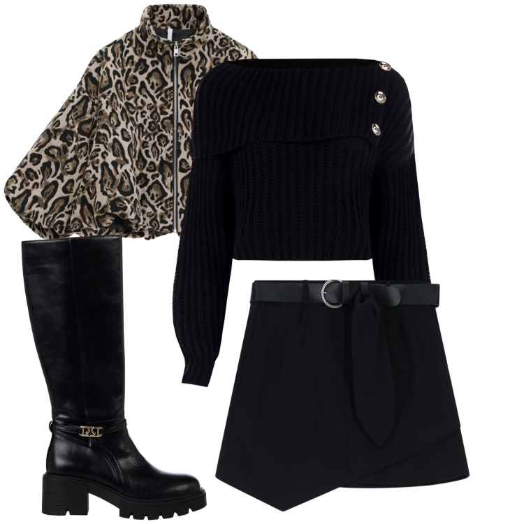 Outfit donna - Con corto bomber maculato. Stile Glamour per Serata fuori. Abbinamento con maglieria, stivali sopra il ginocchio, bomber, minigonne.