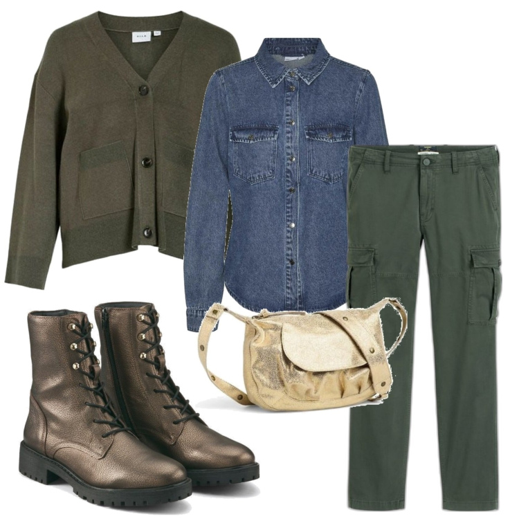 Outfit mujer - Casual #11708. Estilo Casual para Todos los días. Combinación con pantalones cargo, camisas, cárdigans, botas, bolsos de hombro.