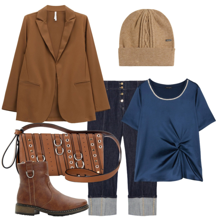 Outfit donna - Jeans easy con risvolto. Stile Casual per Ufficio. Abbinamento con stivaletti, borse a spalla, blazer, berretti, bluse, jeans.