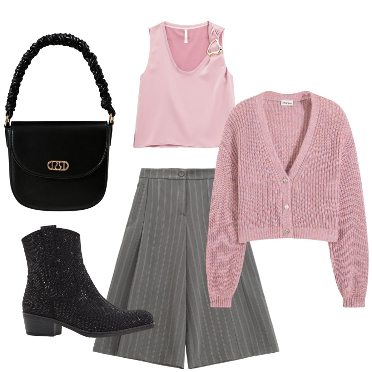 Outfit donna - Look chic. Stile Casual per Serata fuori. Abbinamento con cardigans, stivaletti texani, borse a mano, pantaloni, tuta corta.