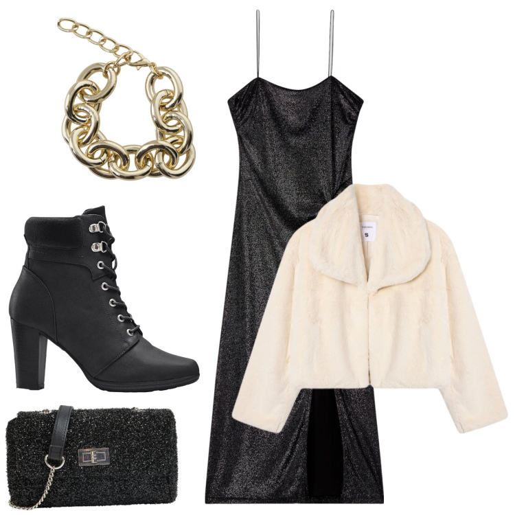Outfit donna - Appuntamento romantico. Stile Chic per Serata fuori. Abbinamento con stivaletti, vestiti lunghi, borse a tracolla, ecopellicce, braccialetti.