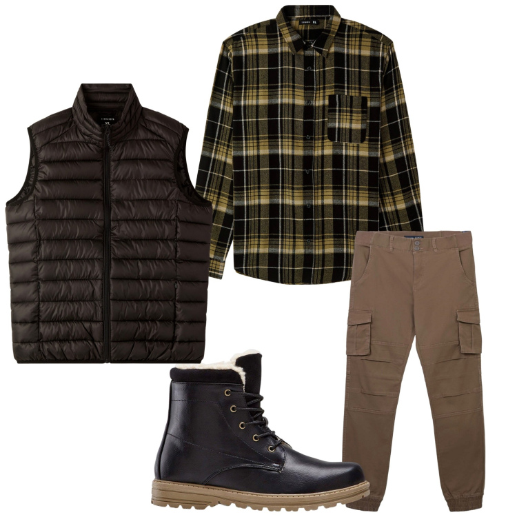 Outfit uomo - Fine settimana in Casentino. Stile Casual per Tutti i giorni. Abbinamento con stivali e stivaletti, piumini, camicie, pantaloni cargo.
