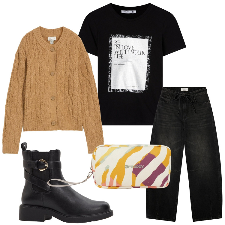 Outfit donna - Be in love. Stile Casual per Tutti i giorni. Abbinamento con stivaletti chelsea, cardigans, jeans, t-shirt, valigie.