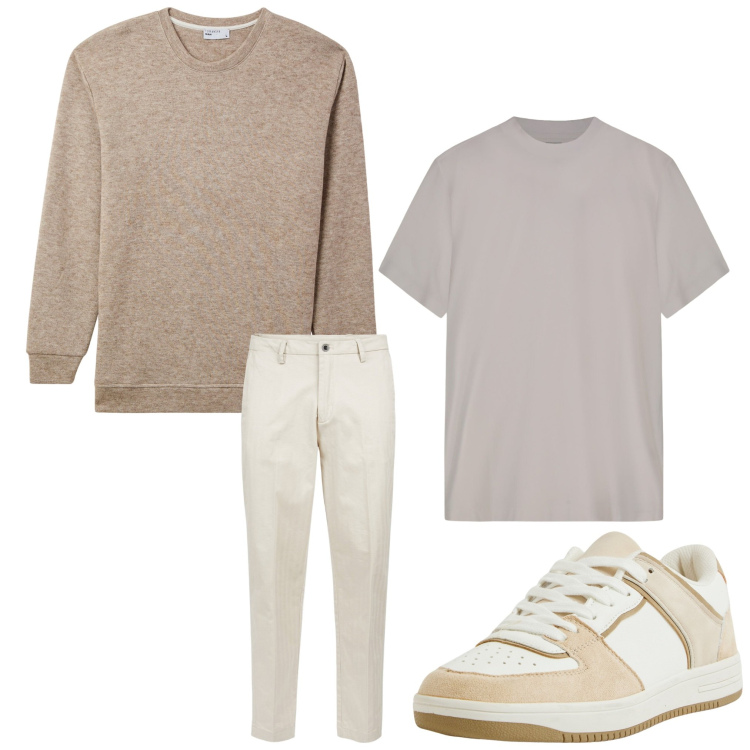 Outfit uomo - Colori chiari. Stile Casual per Tutti i giorni. Abbinamento con sneakers, maglieria, pantaloni, t-shirt.