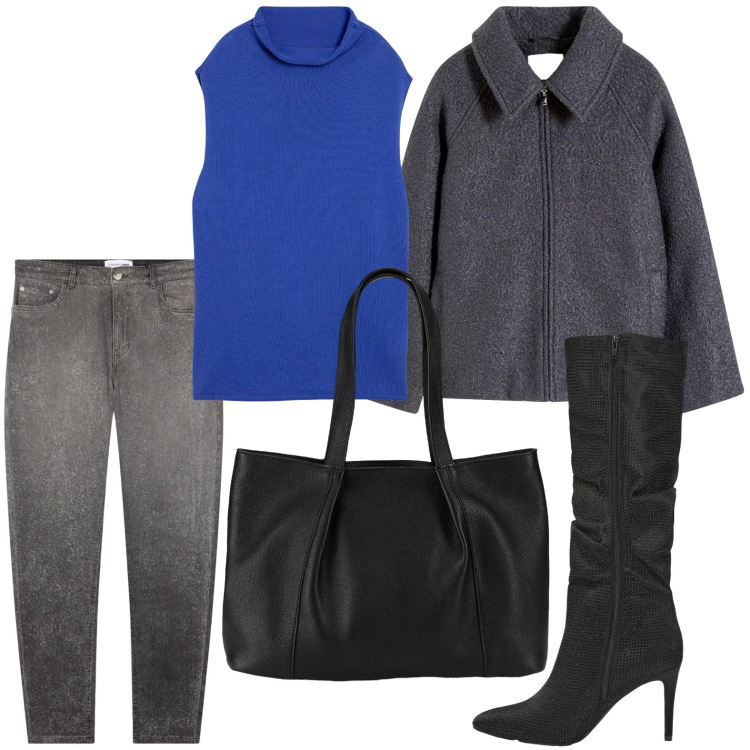 Outfit donna - Contrasto sofisticato. Stile Glamour per Tutti i giorni. Abbinamento con blazer, maglieria, shopping bag, stivali, jeans skinny.