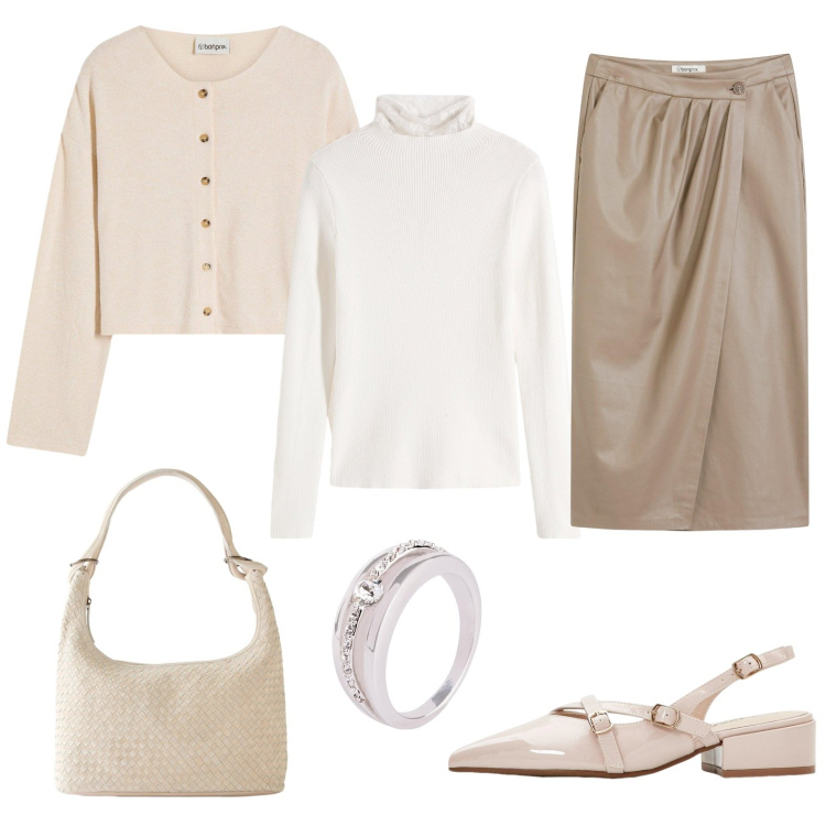 Outfit donna - Total look #2267145. Stile Bon Ton per Ufficio. Abbinamento con cardigans, maglieria, gonne longuette, décolleté, shopping bag, anelli.