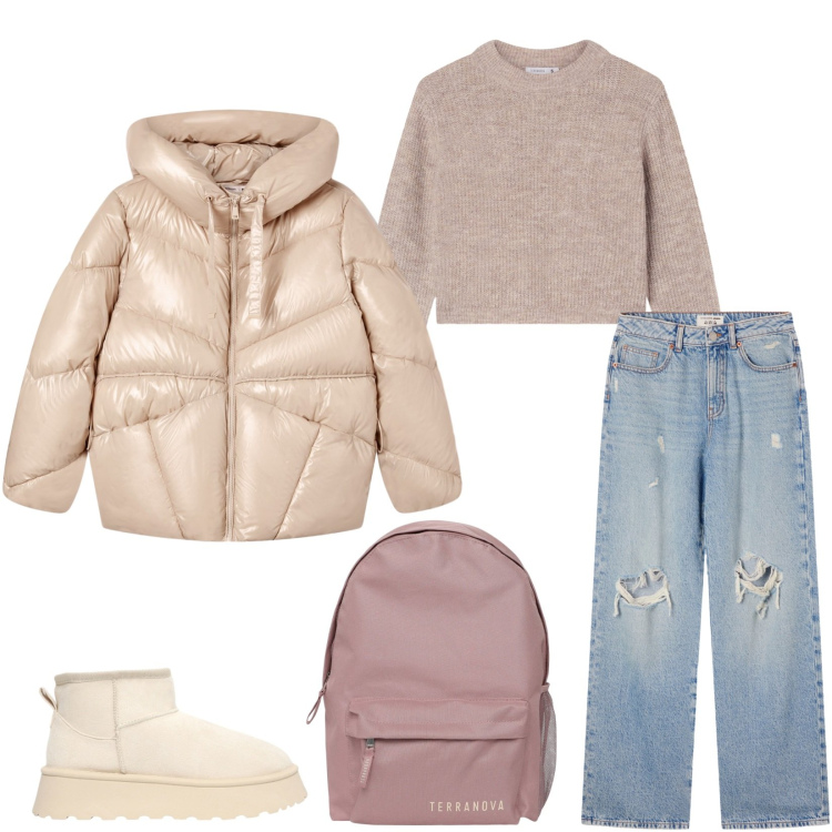 Outfit donna - Total look #2267146. Stile Casual per Scuola/Università. Abbinamento con giacche, jeans strappati, maglieria, zaini, stivaletti.