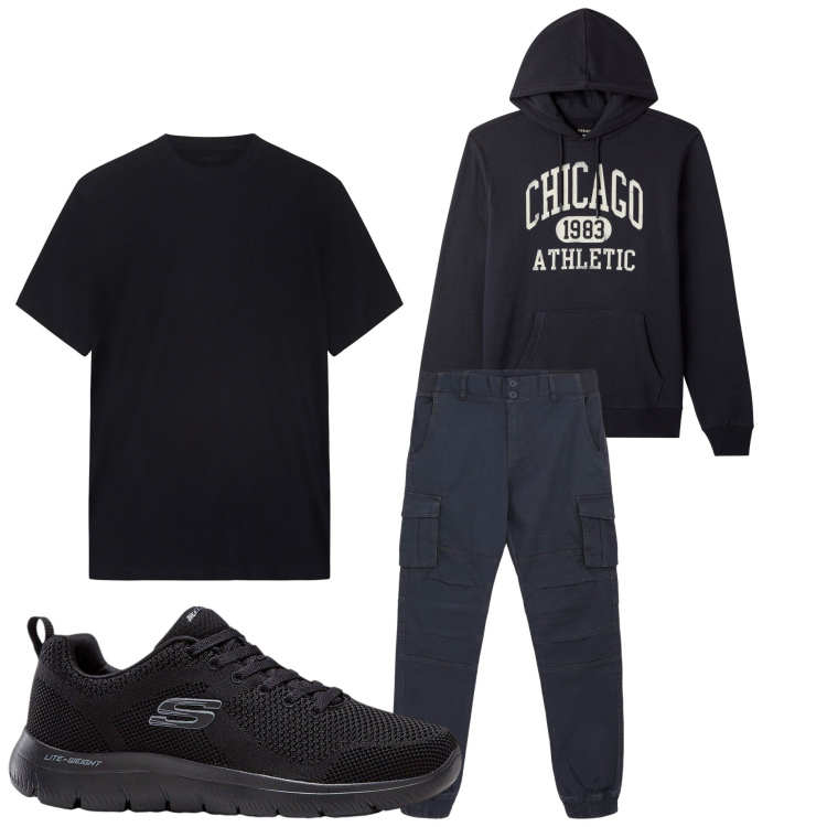 Outfit uomo - In forma. Stile Casual per Tutti i giorni. Abbinamento con sneakers, pantaloni cargo, felpe con cappuccio, t-shirt.