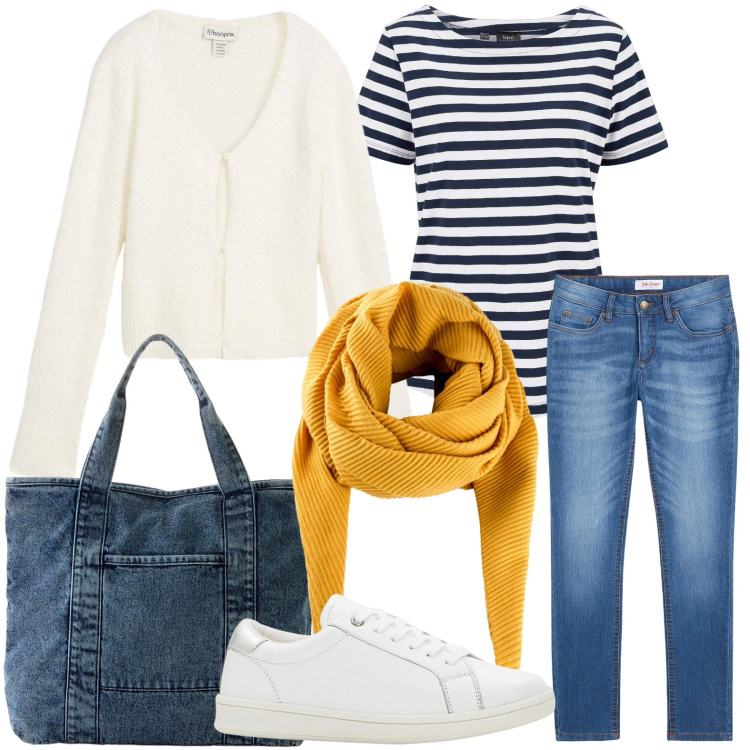 Outfit donna - Maglia a righe classica. Stile Casual per Tutti i giorni. Abbinamento con jeans skinny, shopping bag, cardigans, sneakers, foulard, t-shirt.