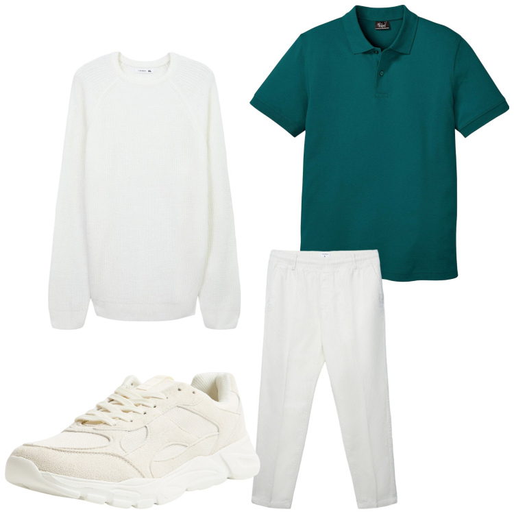 Outfit uomo - Bianco e verde. Stile Casual per Tutti i giorni. Abbinamento con polo, sneakers, maglieria, pantaloni.