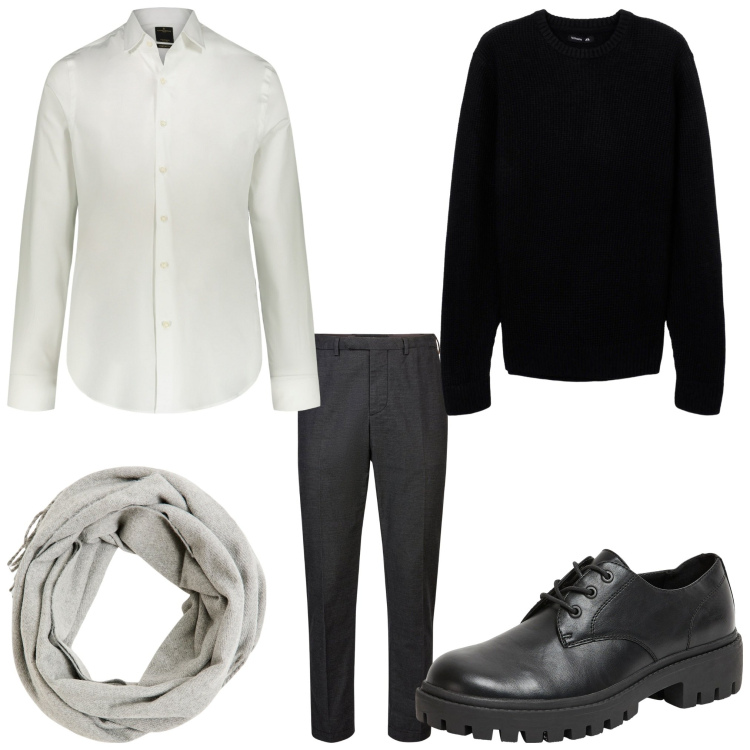 Outfit uomo - Chic. Stile Business/Elegante per Serata speciale. Abbinamento con sciarpe, scarpe stringate, maglieria, pantaloni, camicie.