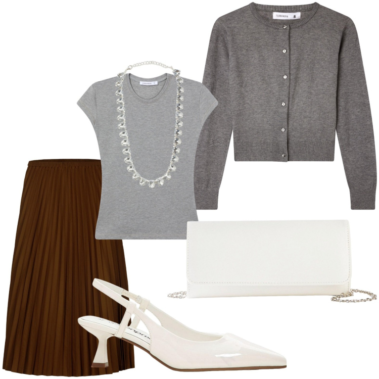 Outfit donna - La collana luminosa. Stile Minimal per Tutti i giorni. Abbinamento con pochette, décolleté, collane, cardigans, t-shirt, gonne longuette.