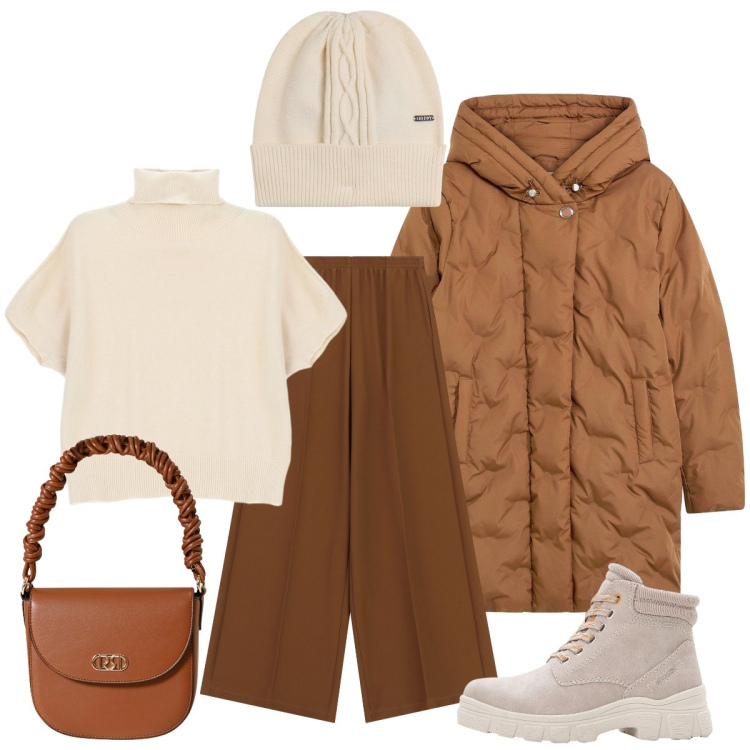 Outfit donna - Week-end in montagna. Stile Casual chic per Tutti i giorni. Abbinamento con stivaletti, giacche, borse a mano, maglieria, pantaloni a palazzo, berretti.