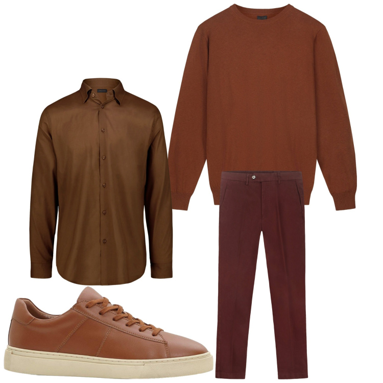 Outfit uomo - Caramello. Stile Casual per Tutti i giorni. Abbinamento con sneakers, camicie, pantaloni chino, maglieria.