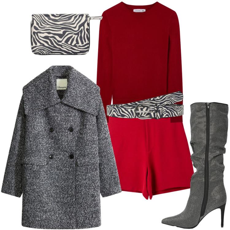 Outfit donna - Elementi zebrati. Stile Basic per Serata fuori. Abbinamento con cappotti, shorts, cinture, portafogli, stivali, maglieria.