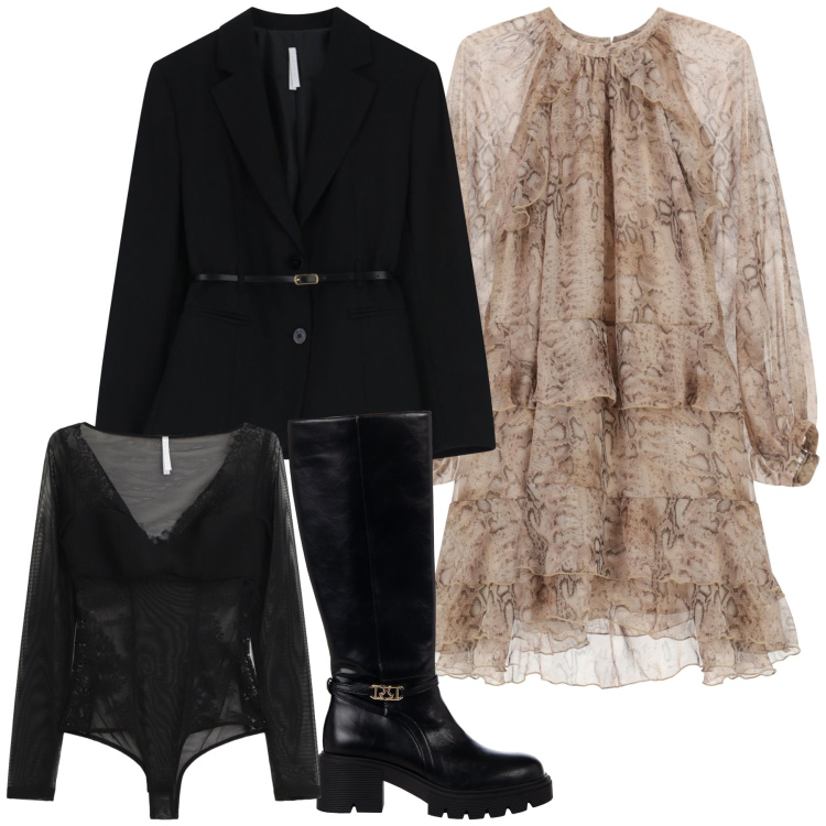 Outfit donna - Total look #2267160. Stile Chic per Serata fuori. Abbinamento con stivali sopra il ginocchio, blazer, vestiti corti, body.