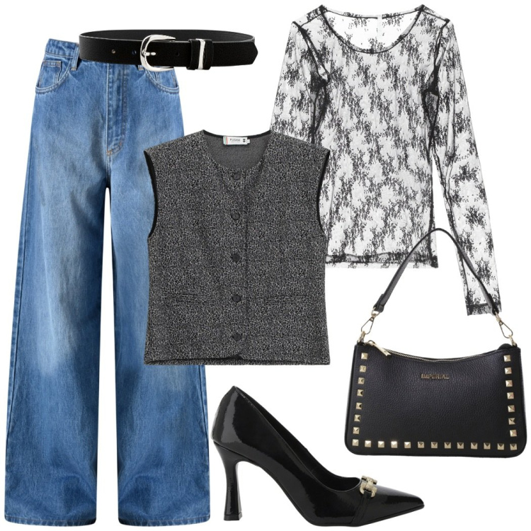 Outfit donna - Gilet grigio e jeans, casual chic. Stile Casual chic per Ufficio. Abbinamento con cinture, gilet, jeans, maglieria, pochette, décolleté.