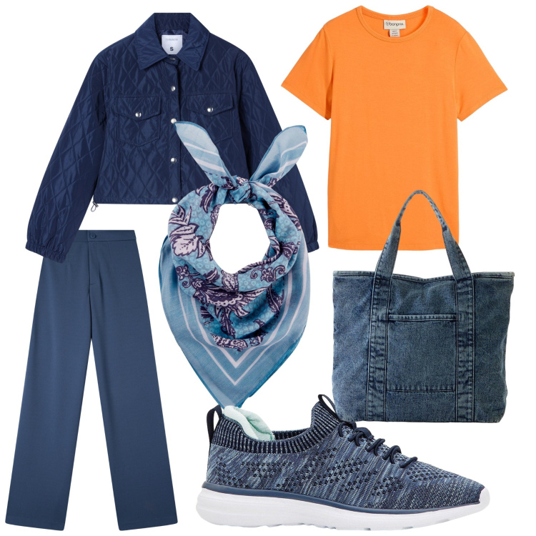 Outfit donna - Arancio e jeans. Stile Casual per Tutti i giorni. Abbinamento con shopping bag, t-shirt, foulard, sneakers, pantaloni, giacche.