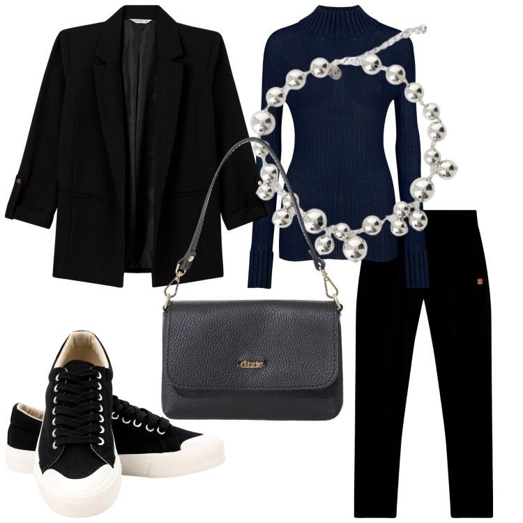 Outfit donna - Black argento. Stile Casual chic per Serata fuori. Abbinamento con blazer, borse a tracolla, collane, pantaloni, maglieria, sneakers.