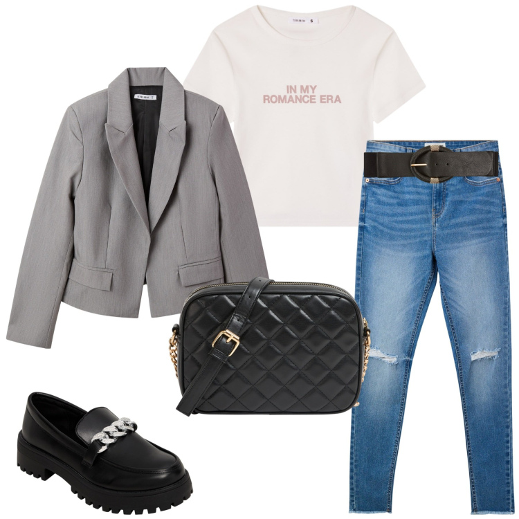 Outfit donna - Giornate calde autunnali. Stile Sporty chic per Tutti i giorni. Abbinamento con mocassini, borse a tracolla, jeans strappati, blazer, cinture, t-shirt.