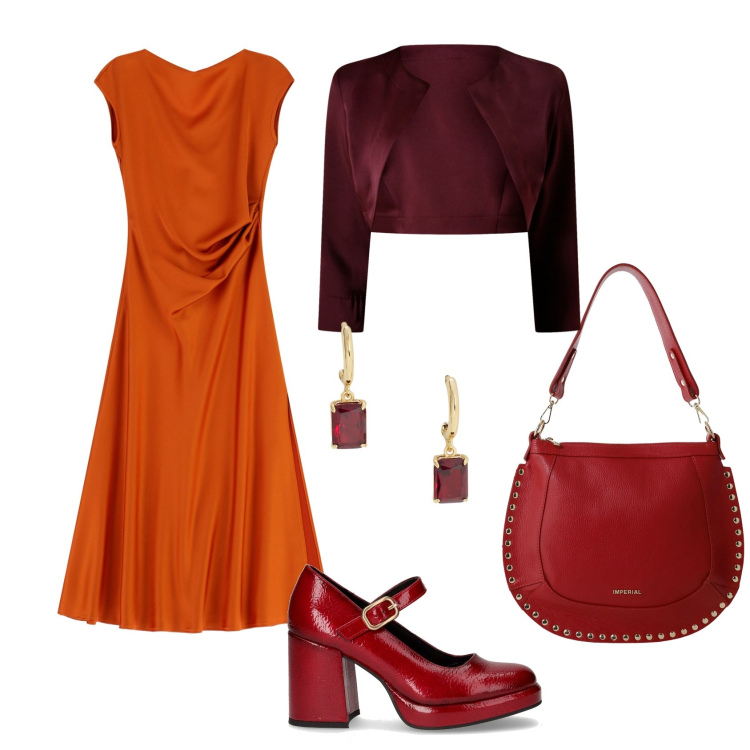 Outfit donna - Total look #2267172. Stile Chic per Serata fuori. Abbinamento con bolero, vestiti lunghi, borse a spalla, orecchini, décolleté.