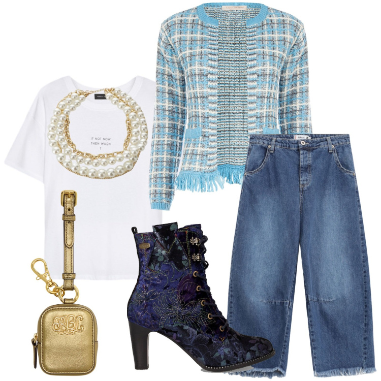 Outfit donna - La giacca in lana. Stile Bon Ton per Serata fuori. Abbinamento con blazer, jeans, collane, pochette, stivaletti, t-shirt.