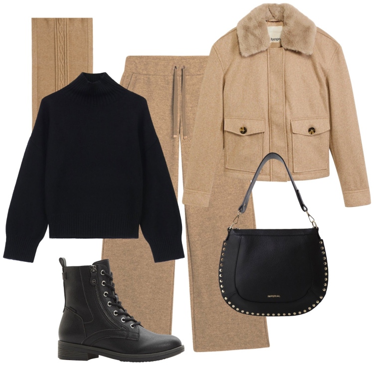 Outfit donna - Sportiva con stile. Stile Sporty chic per Tutti i giorni. Abbinamento con stivaletti, piumini, borse a spalla, maglieria, pantaloni, sciarpe.