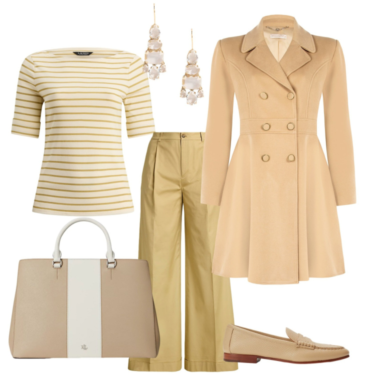 Outfit donna - Old money style. Stile Glamour per Tutti i giorni. Abbinamento con cappotti, pantaloni, borse a mano, mocassini, orecchini, t-shirt.