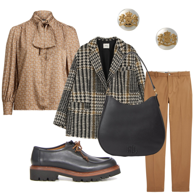 Outfit donna - La giacca in lana. Stile Chic per Ufficio. Abbinamento con blazer, pantaloni chino, orecchini, camicie, borse a spalla, mocassini.