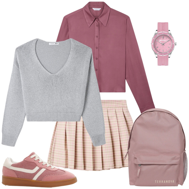 Outfit donna - Pink preppy style. Stile Preppy per Scuola/Università. Abbinamento con sneakers, maglieria, minigonne, zaini, camicie, orologi.