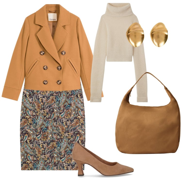 Outfit donna - Total look #2267183. Stile Chic per Ufficio. Abbinamento con caban, gonne, maglieria, borse a mano, décolleté, orecchini.