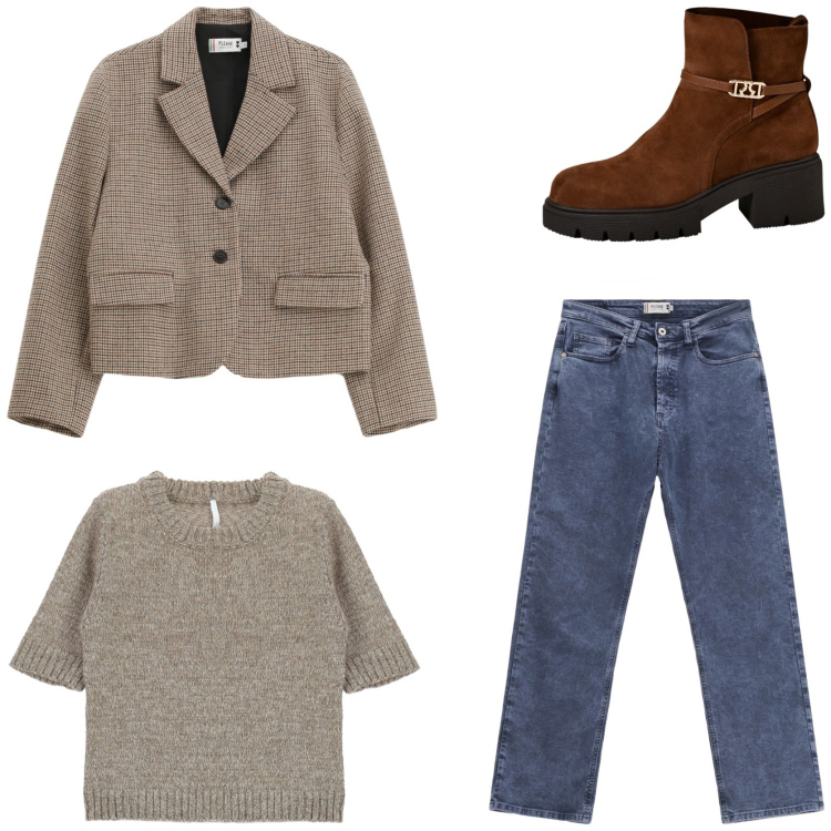 Outfit donna - Cozy autumn. Stile Casual chic per Tutti i giorni. Abbinamento con jeans dritti, blazer, stivaletti, maglieria.