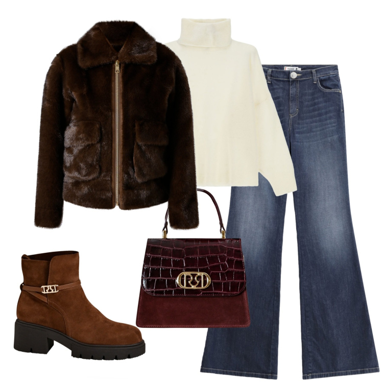 Outfit donna - Total look #2267186. Stile Casual chic per Tutti i giorni. Abbinamento con jeans a zampa, ecopellicce, stivaletti, borse a mano, maglieria.