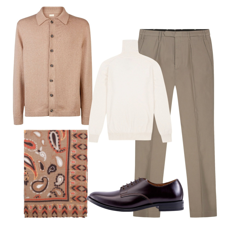 Outfit uomo - Eleganza discreta!. Stile Trendy per Serata speciale. Abbinamento con sciarpe e foulard, scarpe stringate, polo, maglieria, pantaloni.