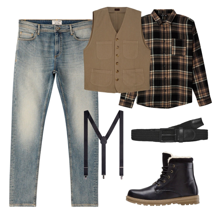 Outfit uomo - Weekend in campagna!. Stile Casual per Tutti i giorni. Abbinamento con stivali e stivaletti, camicie, cinture, jeans skinny, bretelle, gilet.